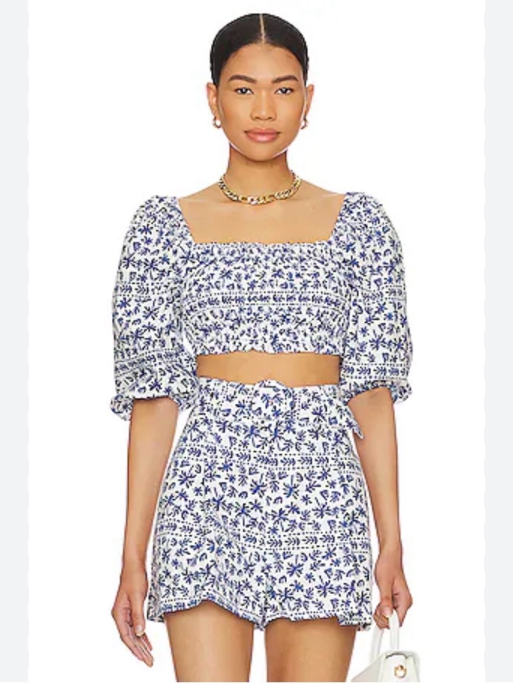 MINKPINK Ithica Cotton Poplin Pleated Shorts in Blue & White Print size L